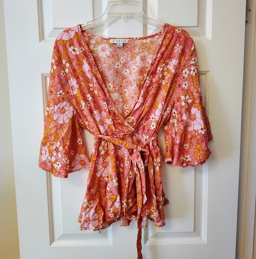 Floral Wrap Blouse with Bell Sleeves - Picture 2 of 6